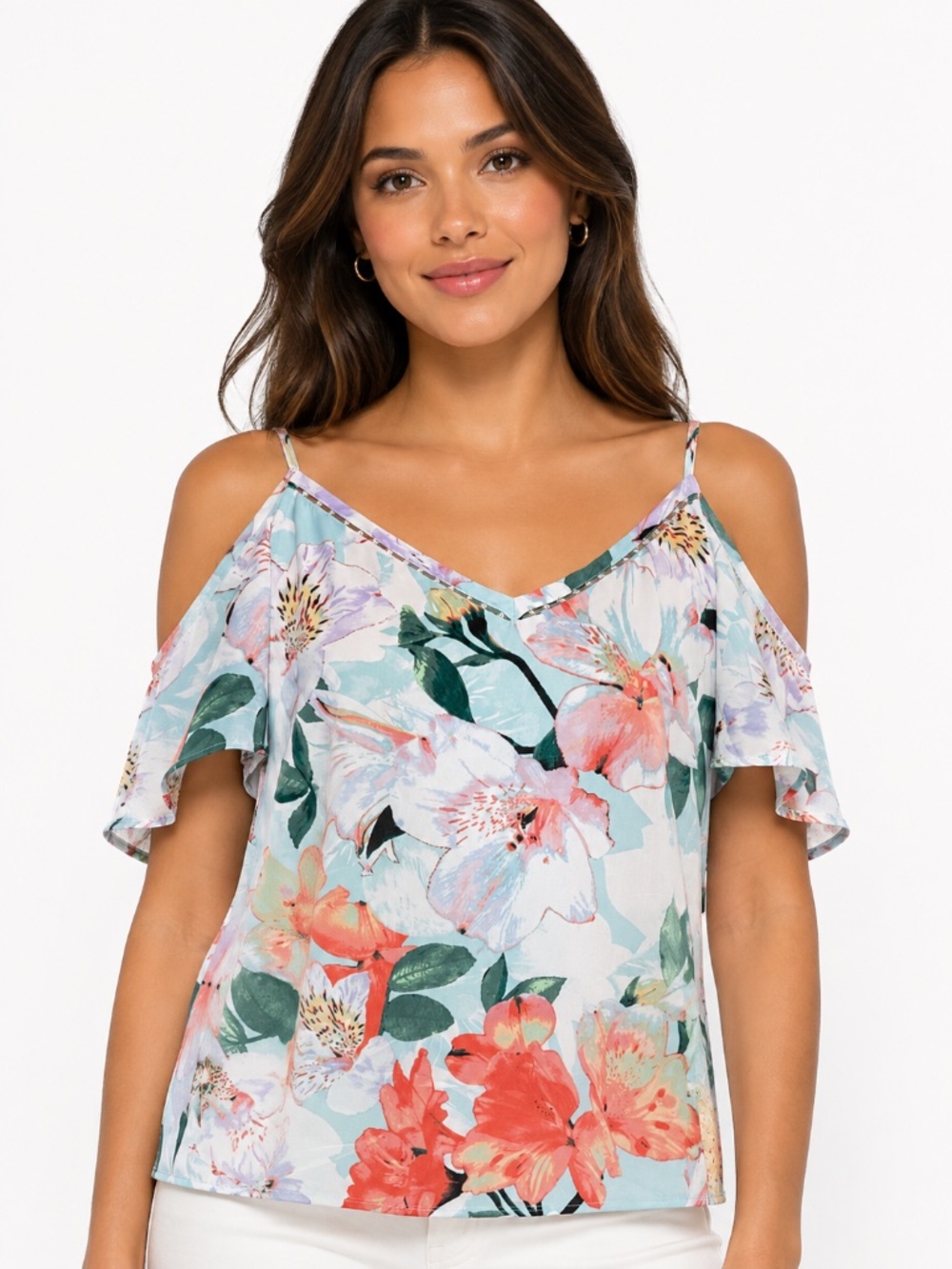 Calvin Klein Pearl Trim V-Neck Cold-Shoulder Orange Green Floral Blouse L Boho
